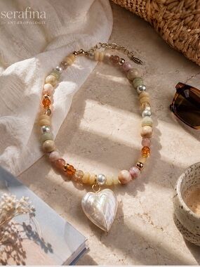 NWT Serafina for Anthropologie Mixed Beaded Mother of Pearl Heart Necklace